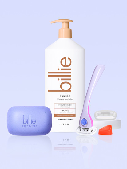 body buffer, bounce body lotion, razor handle & holder in dreampop