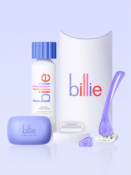 body buffer, whipped shave cream, razor handle & holder in moonbeam (glow in the dark purple)
