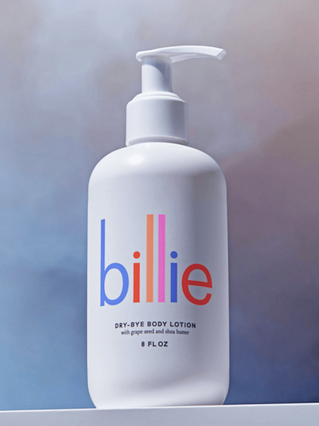 dry bye body lotion bottle in front of stylized background