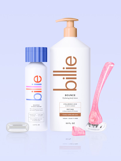 body buffer, bounce body lotion, whipped shave cream, razor handle & holder in pink sparkle