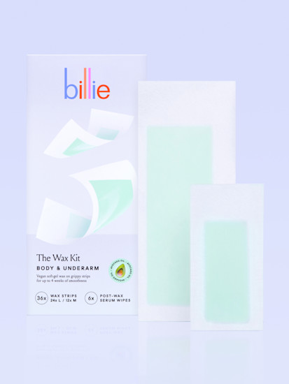 Packaging including box and two different size wax strips for body and underarm on a blue background 