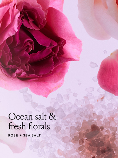 Roses and sea salt background with text that says ocean salt & fresh florals