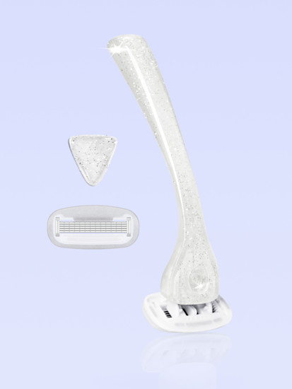 Clear women's razor with curved handle, replaceable blade cartridge, and triangular exfoliating attachment on light blue background.