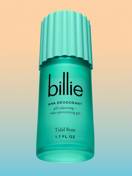 tidal rose aha deodorant bottle on a peach and teal gradient background
