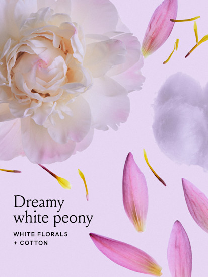 Peonies on a pink background with black text that says dreamy white peony, white florals and cotton
