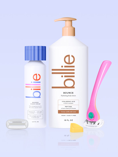 body buffer, bounce body lotion, whipped shave cream, razor handle & holder in malibu