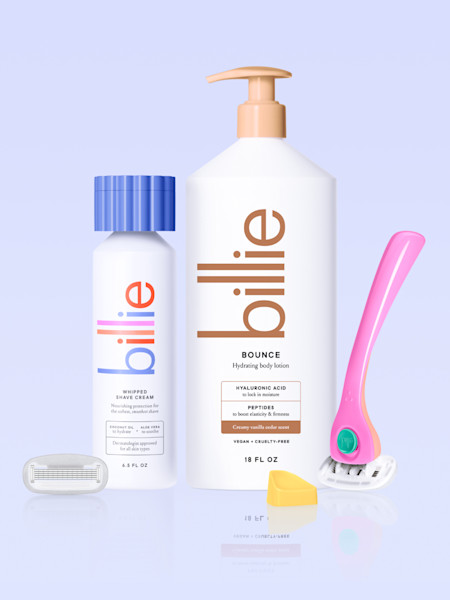 body buffer, bounce body lotion, whipped shave cream, razor handle & holder in malibu