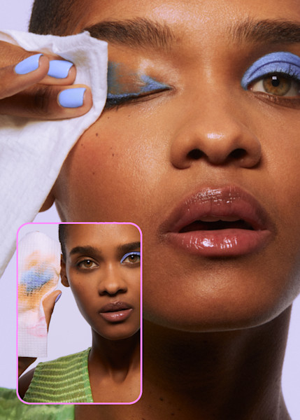 model wiping eyeshadow with a Wonder Wipe and an inset image of model holding a used Wonder Wipe with make up on it