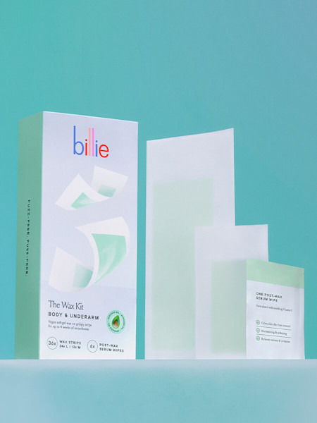 Body & underarm wax strips alongside wax strips box against a teal background
