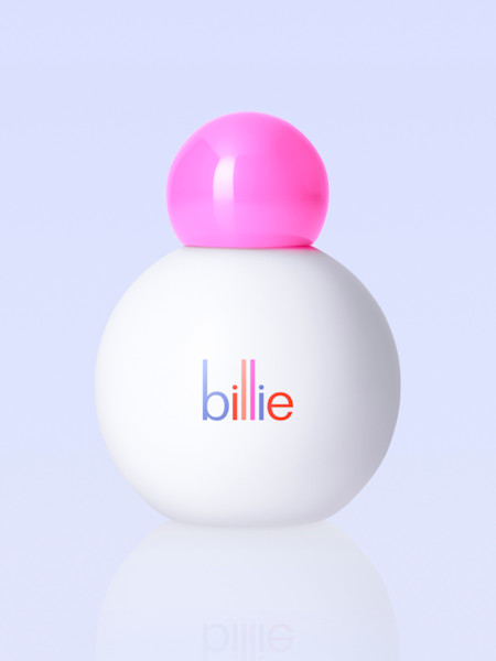 Bottle of Billie Floof Dry Shampoo for light hair on a light periwinkle background