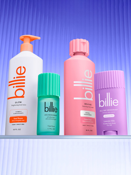 glow body lotion, tidal rose aha deodorant, revive body wash, and lavender milk all day deo