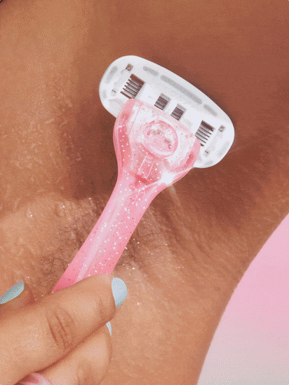 Animated image cycling through a pink sparkle Billie razor, lavender and bergamot Whipped Shave Cream, Billie Body Buffer bar, and Ultimate Skin Solution spray.
