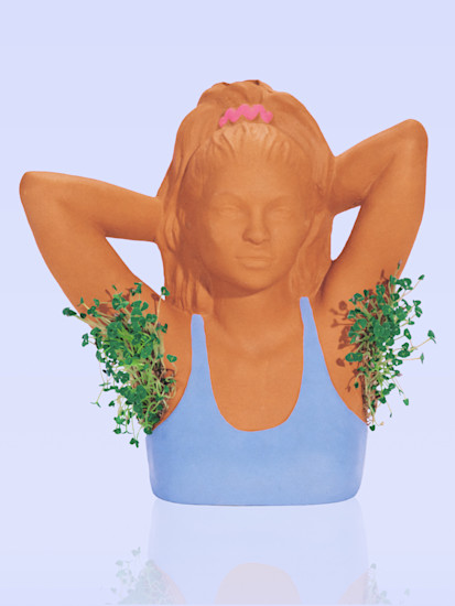 Terracotta bust planter with green sprouts growing from the armpits, wearing a blue top and pink hair accessory.