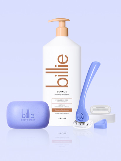 body buffer, bounce body lotion, razor handle & holder in periwinkle