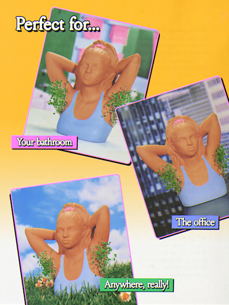 Terracotta planter bust with growing plants shown in different settings - bathroom, office, outdoors - on yellow background.