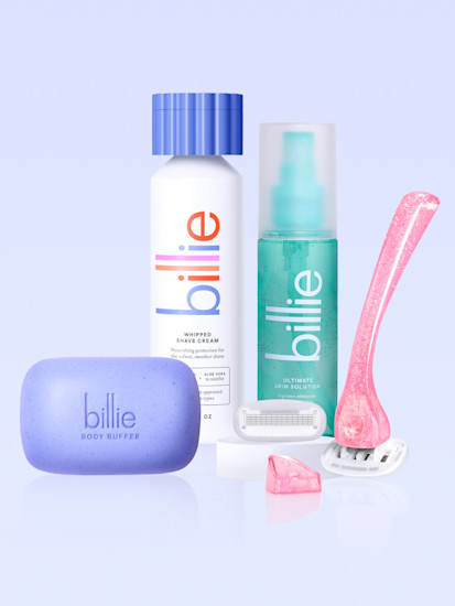 lavender whipped shave cream, ultimate skin solution, body buffer, and razor in pink sparkle