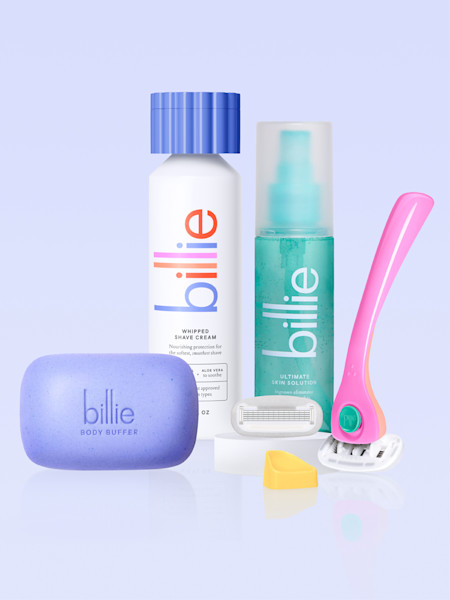 Lavender whipped shave cream, body buffer, ultimate skin solution, and pink and teal razor with yellow magnetic holder and an extra razor blade