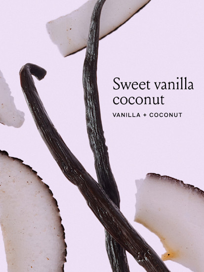 Vanilla & coconut pieces with text that says sweet vanilla coconut, vanilla + coconut