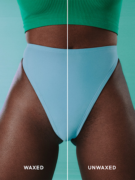 before and after image of model wearing blue underwear who has used a bikini wax strip on their bikini line. 