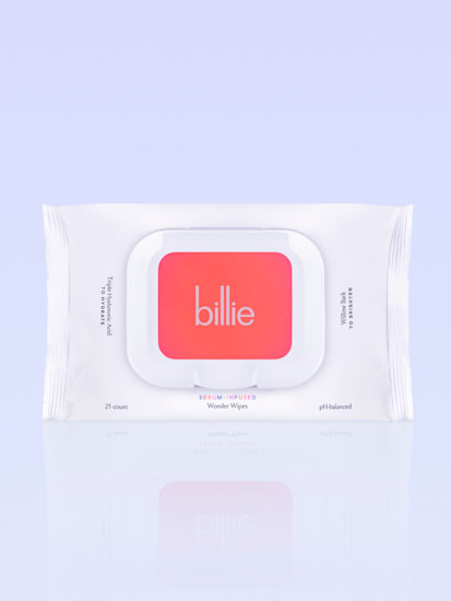 Billie Wonder Wipes package on a light periwinkle background