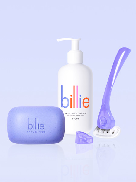 body buffer, body lotion, razor handle & holder in moonbeam (glow in the dark purple)