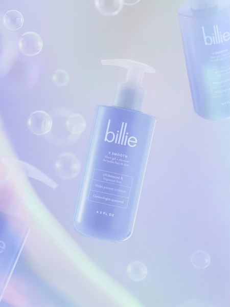 image of the v smooth bottle with a light purple background with bubbles