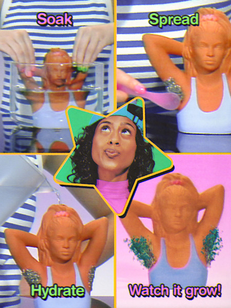 Collage showing steps to grow a Chia Pet: "Soak," "Spread," "Hydrate," and "Watch it grow!" with a person in star shape center.