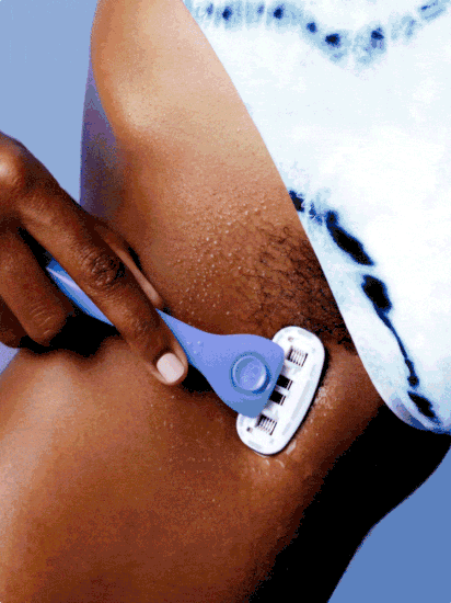 Animated image cycling through a Periwinkle Billie Razor being used to shave a woman's bikini line, a Billie Body Buffer bar being used to exfoliate a woman's leg, and Bounce Body Lotion being applied to a woman's thigh.