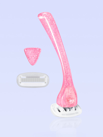 pink sparkle razor, pink magnetic holder, and razor blade on a light periwinkle background