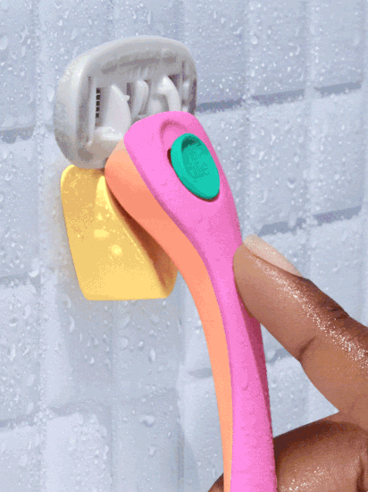 Animated image cycling through Billie Malibu razor on its yellow magnetic holder, lavender and bergamot whipped shave cream, and Bounce Body lotion being applied to a woman's thigh