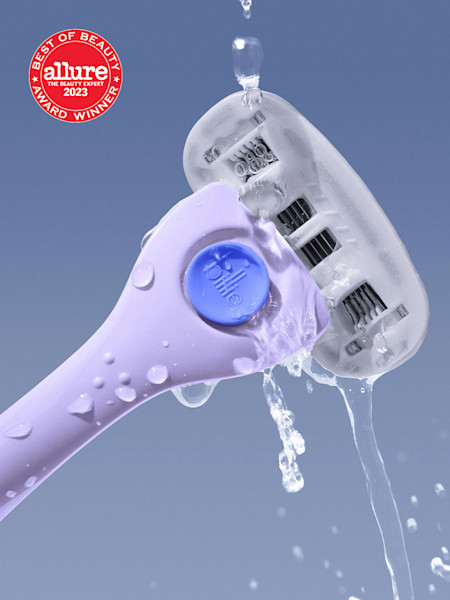 blue, pink and purple razor with gif badge of allure best in beauty 2023 award