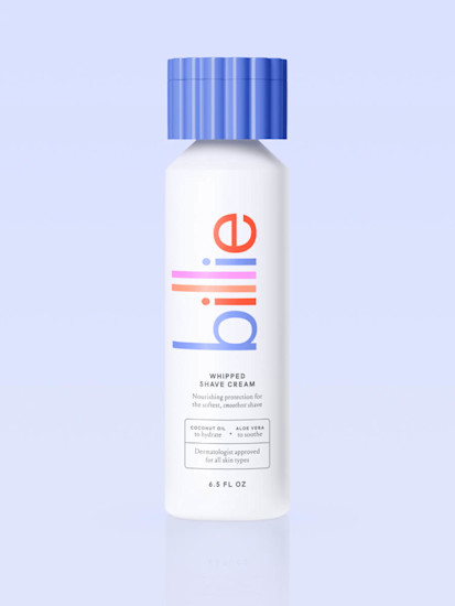A bottle of Lavender-scented Billie Whipped Shave Cream on a light periwinkle background