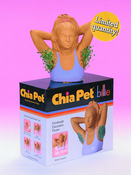 Chia Pet Billie planter with green sprouts growing from armpit areas, on pink background with "Limited quantity!" badge.