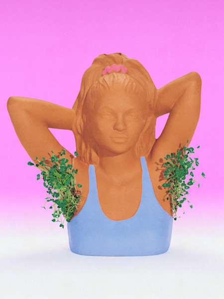 Terracotta bust planter with green plants growing from armpits, wearing blue top against pink background.