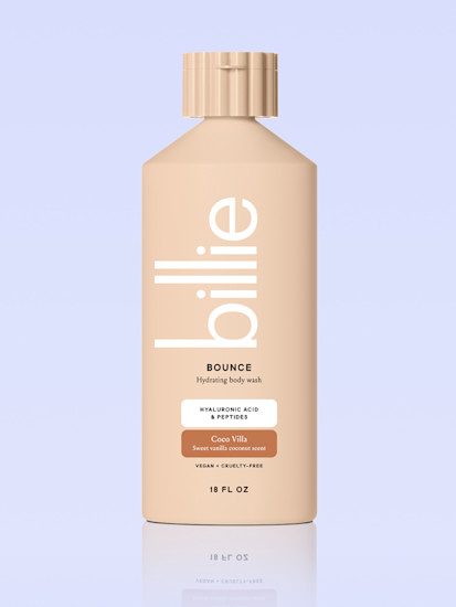 beige bounce body wash bottle on a periwinkle bottle